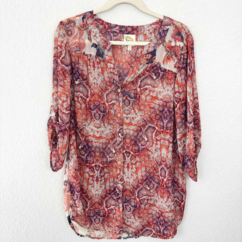 Fig And Flower Womens Lightweight Blouse Size 1X Floral Roll Tab Sleeves Office